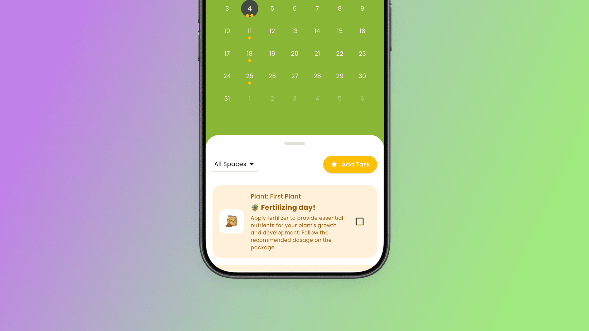 LeafNest plant calendar with an upcoming fertilizing task