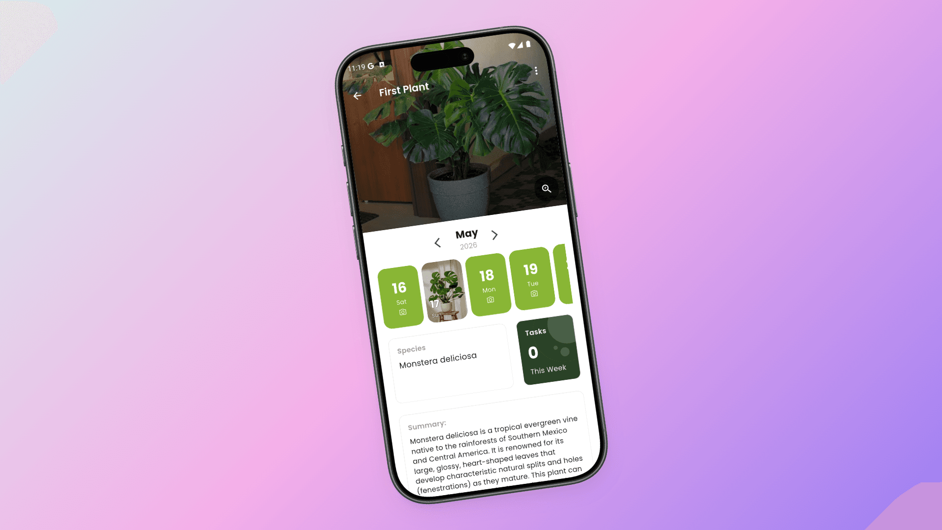 LeafNest plant profile with calendar and plant care information